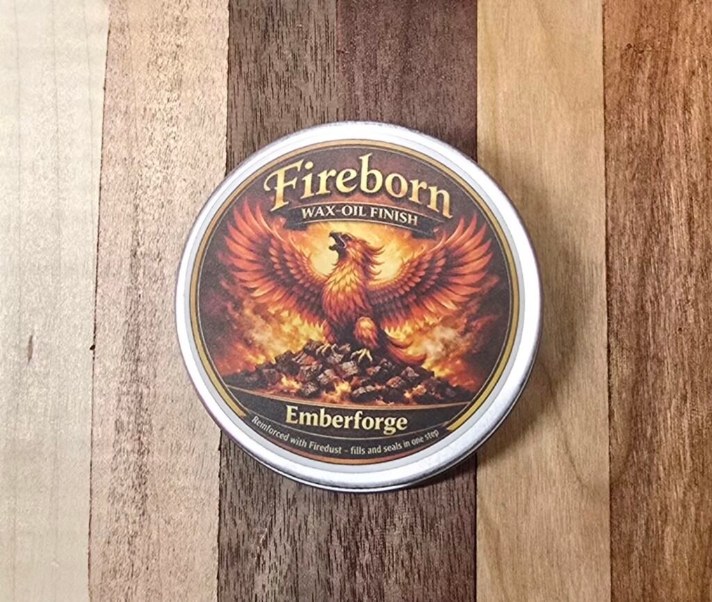 Before and after comparison of Emberforge finish applied to a wood board showing the intense red-copper ember warmth.