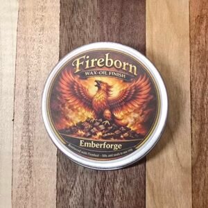 Before and after comparison of Emberforge finish applied to a wood board showing the intense red-copper ember warmth.
