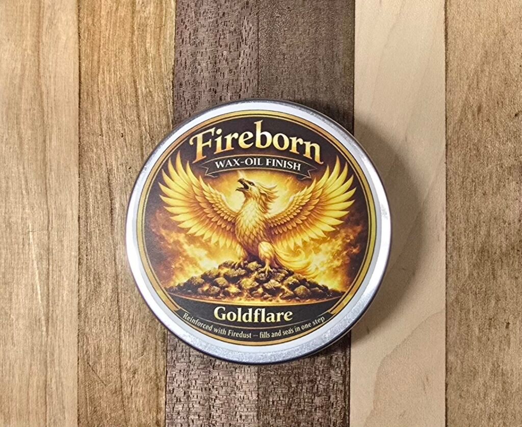 Before and after comparison of Goldflare finish applied to a wood board showing the soft metallic golden highlights.