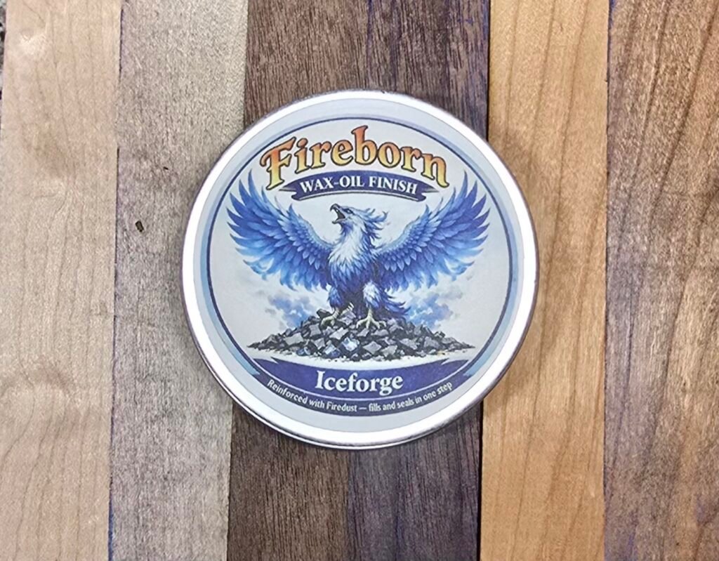 Before and after comparison of Iceforge finish applied to a wood board showing the crisp frost-touched blue glow.