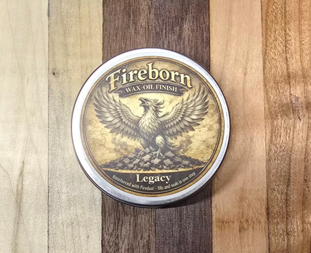Before and after comparison of Legacy finish applied to a wood board showing the soft aged-silver pearl haze.
