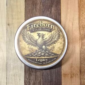 Before and after comparison of Legacy finish applied to a wood board showing the soft aged-silver pearl haze.